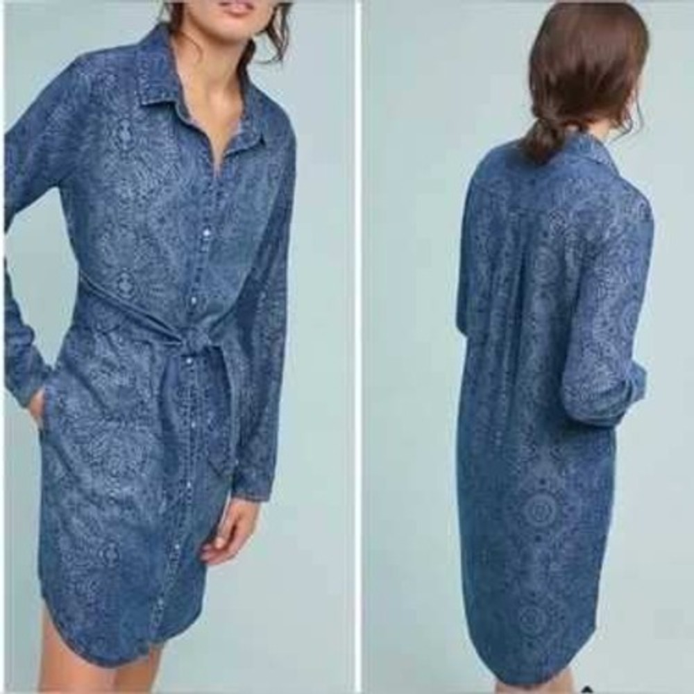 Anthropologie Cloth & Stone Shirt Dress Womens S Blue Chambray Mandala Tie Waist